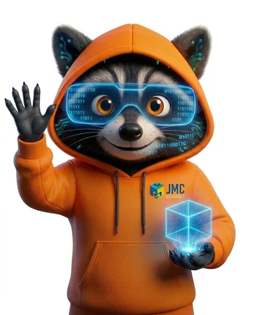 Rackoon, la mascota de JMC Soluciones, saludando